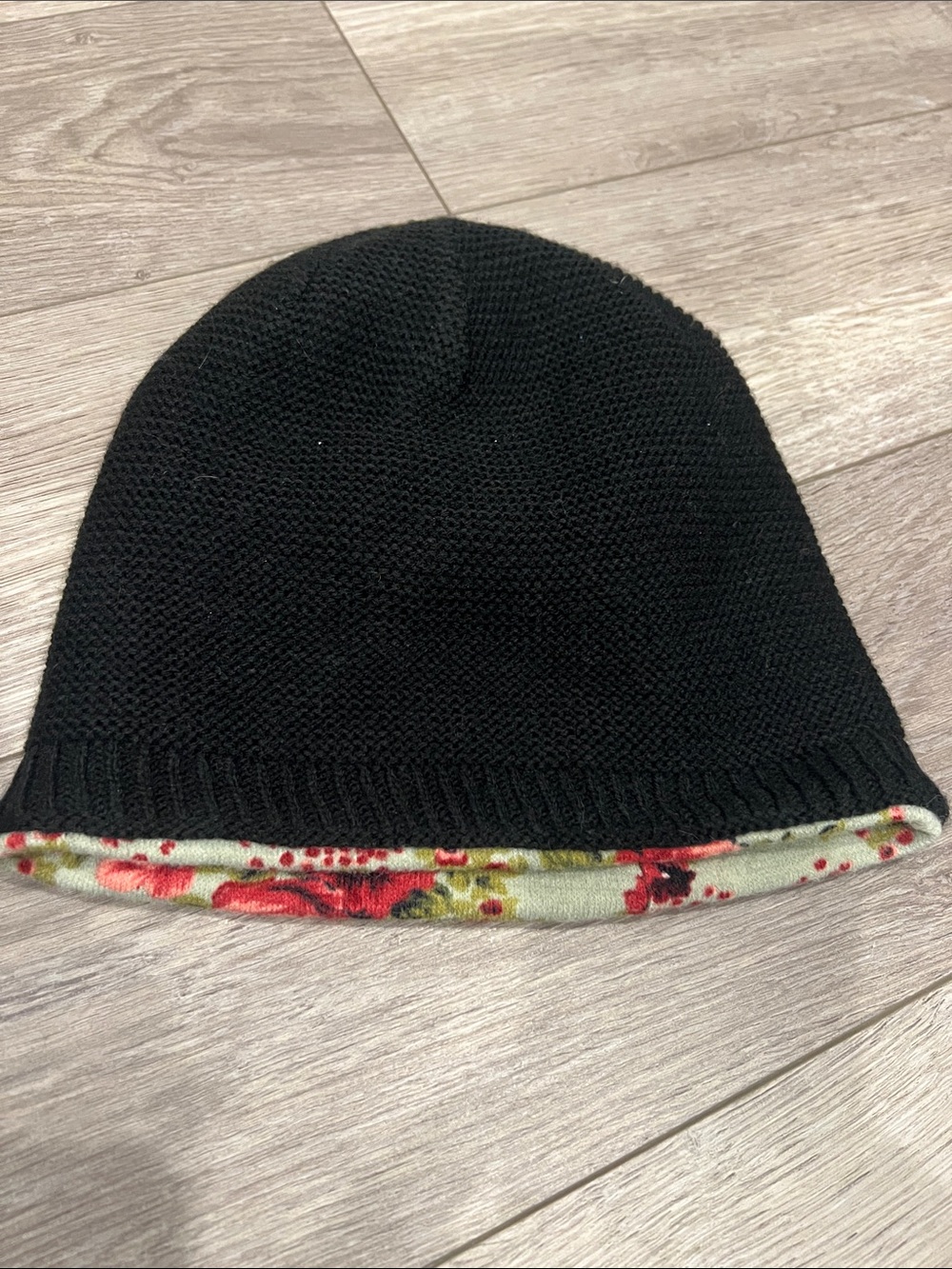 NEW! Women’s Reversible Black Beanie Hat with Floral Trim